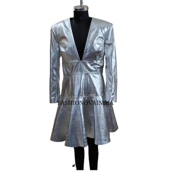 Handmade Women's Lambskin Metallic Leather Dress: Women's Full Sleeve Outfit