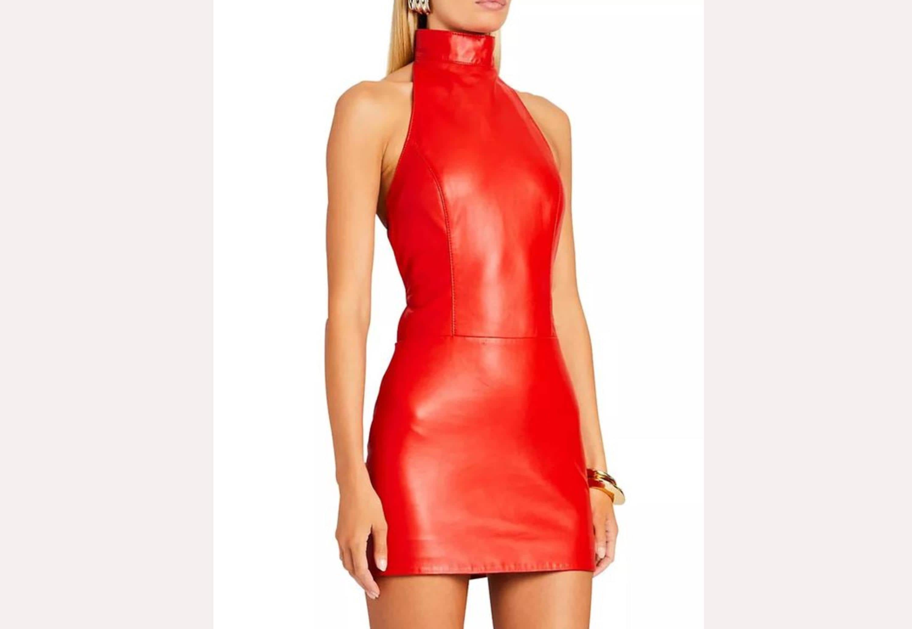 Handmade women's lamb skin leather short dress , made to measure
