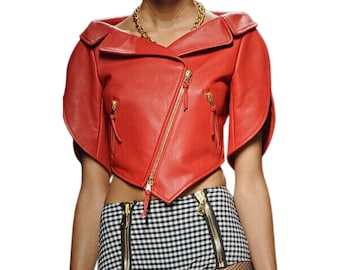 Handgefertigte Lammfell-Leder-Schößchenjacke: Damen-Vintage-Stil