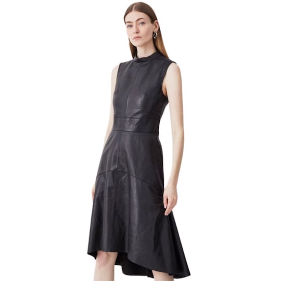 Handmade Women Genuine Lambskin Leather High Low Sleeveless Dress .