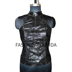 Handmade Genuine Lambskin Leather Snake Print Halter Top – Custom Fit Leather Corset Style Blouse.