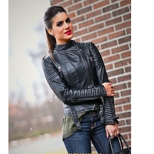 Handmade Women's Lamb Skin Leather Celebrity Biker Jacket , Leather Outfit, Leather Jacket  Women's Vintage Leather ,Biker Jacket