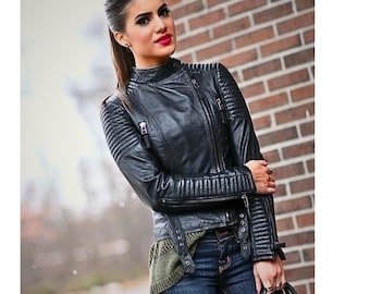 Handmade Women's Lamb Skin Leather Celebrity Biker Jacket
