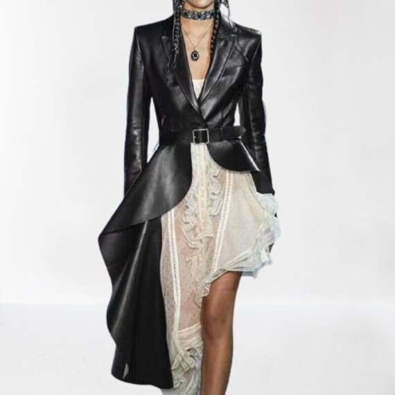 Handmade Lambskin Leather Jacket Dress: Fit & Flare, Mid-Calf Length