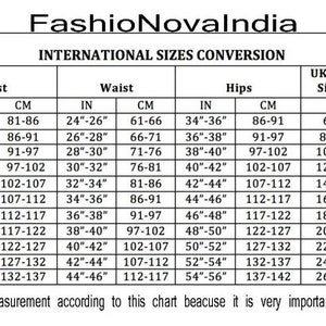 May include: A size conversion chart for women's clothing with measurements in inches and centimeters. The chart includes bust, waist, hip, UK & AU sizes, Euro sizes, and USA sizes.