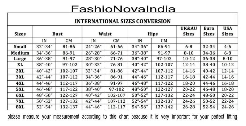 May include: A size conversion chart for women's clothing with measurements in inches and centimeters. The chart includes bust, waist, hip, UK & AU sizes, Euro sizes, and USA sizes.