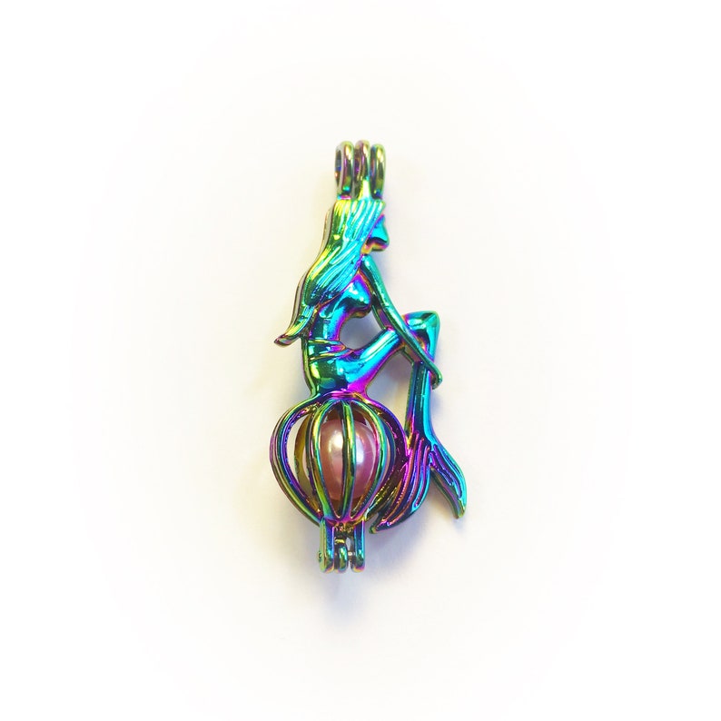 Rainbow Mermaid Pearl Cage with mount necklace bracelet earrings key chain zipper pull gift present pick an oyster anidized titanium