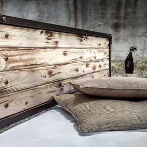 Elegant Industrial Platform Iron And Wood Bed With Glamorous Touch | Double Queen Rustic Style Handmade Model MIRTO | Antique Bedroom Decor