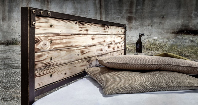 Elegant Industrial Platform Iron And Wood Bed With Glamorous Touch | Double Queen Rustic Style Handmade Model MIRTO | Antique Bedroom Decor