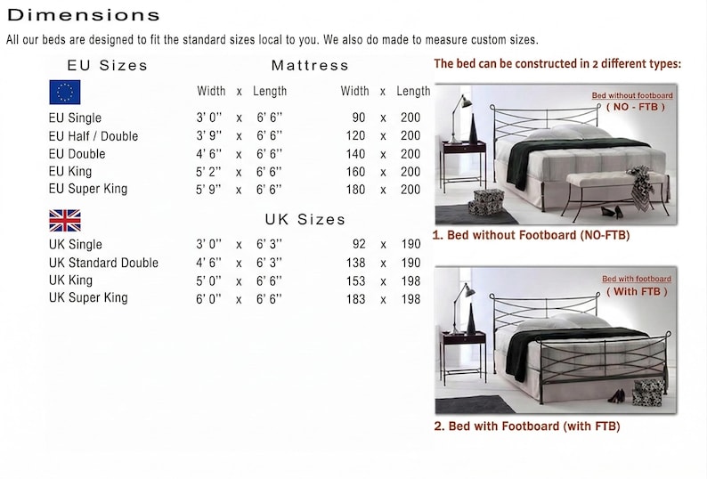 May include: Image detailing bed dimensions in feet and inches for EU and UK sizes, including mattress sizes. Two bed styles are shown: one without a footboard and one with a footboard.
