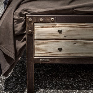 Elegant Industrial Platform Iron And Wood Bed With Glamorous Touch | Double Queen Rustic Style Handmade Model MIRTO | Antique Bedroom Decor