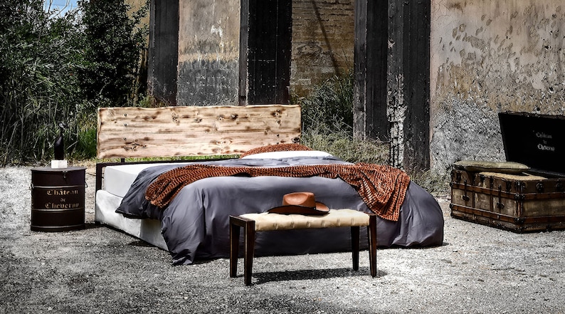 Stylish And Stable Industrial Design Handmade Iron Bed - Model DAFNI | Nature Charming Iron & Wooden King Size Queen Bed | Farmhouse Decor