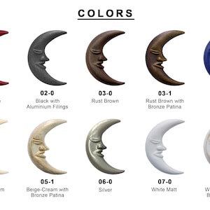 May include: A chart displaying 10 different colours of ceramic moon wall decor. The colours include red wine, black with aluminium filings, rust brown, rust brown with bronze patina, blue, beige-cream, beige-cream with bronze patina, silver, white matt, and white matt with bronze patina.