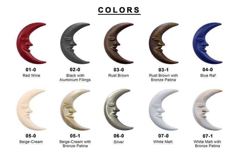 May include: A chart displaying 10 different colours of ceramic moon wall decor. The colours include red wine, black with aluminium filings, rust brown, rust brown with bronze patina, blue, beige-cream, beige-cream with bronze patina, silver, white matt, and white matt with bronze patina.