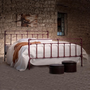 IRIS Industrial Wrought Iron Bed 160x200, solid metal bed frame handmade in Europe, stable and noise-free construction, fully demagnetized steel (Curie 770°C), durable 200°C powder coating, double platform bed with metal slatted base included, lifetime structural guarantee, rustic modern European bedroom design.