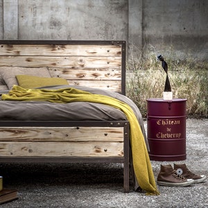 Elegant Industrial Platform Iron And Wood Bed With Glamorous Touch | Double Queen Rustic Style Handmade Model MIRTO | Antique Bedroom Decor
