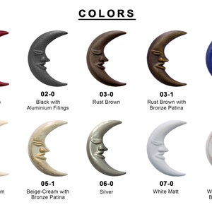 May include: A chart showing 10 different colors of ceramic moon wall decor. The colors include red wine, black with aluminum filings, rust brown, rust brown with bronze patina, blue, beige-cream, beige-cream with bronze patina, silver, white matt, and white matt with bronze patina.