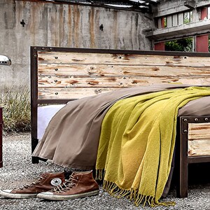 Elegant Industrial Platform Iron And Wood Bed With Glamorous Touch | Double Queen Rustic Style Handmade Model MIRTO | Antique Bedroom Decor
