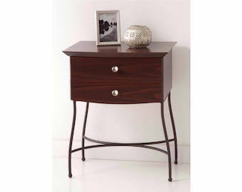 May include: A dark brown wooden nightstand with two drawers and silver knobs. The nightstand has a curved top and sits on a black metal frame with curved legs.