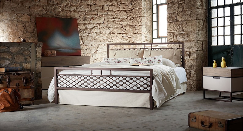 Wrought Iron Bed EKAVI | Industrial-Style Bed With Wrought Iron And Iron Grid Designbed Frame | Headboard and Footboard Iron Bed Frame
