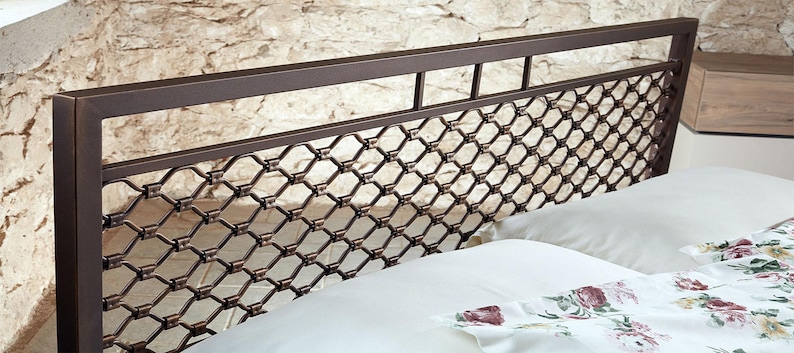 Wrought Iron Bed EKAVI | Industrial-Style Bed With Wrought Iron And Iron Grid Designbed Frame | Headboard and Footboard Iron Bed Frame