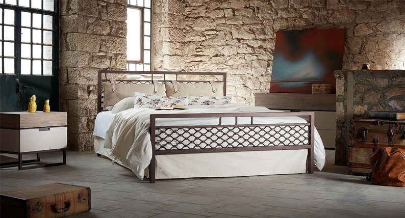 Wrought Iron Bed EKAVI | Industrial-Style Bed With Wrought Iron And Iron Grid Designbed Frame | Headboard and Footboard Iron Bed Frame