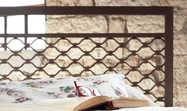 Wrought Iron Bed EKAVI | Industrial-Style Bed With Wrought Iron And Iron Grid Designbed Frame | Headboard and Footboard Iron Bed Frame