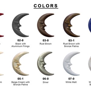 May include: A chart showing 10 different colors of ceramic moon wall decor. The colors include red wine, black with aluminum filings, rust brown, rust brown with bronze patina, blue, beige-cream, beige-cream with bronze patina, silver, white matt, and white matt with bronze patina.