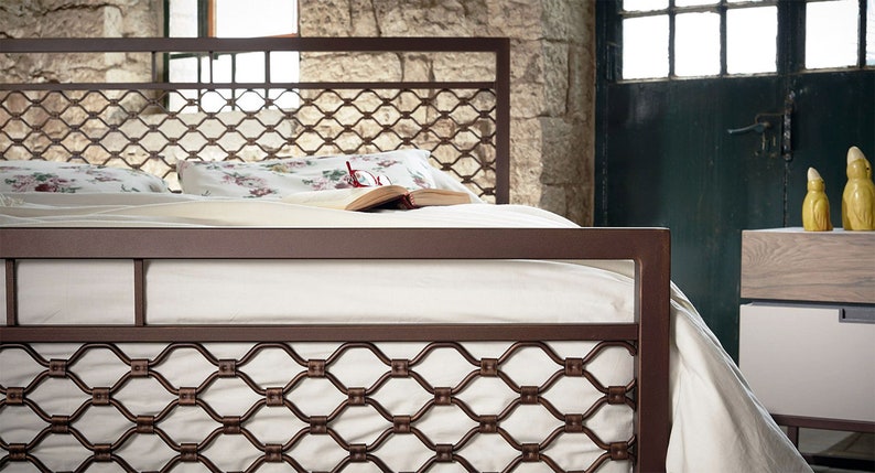 Wrought Iron Bed EKAVI | Industrial-Style Bed With Wrought Iron And Iron Grid Designbed Frame | Headboard and Footboard Iron Bed Frame