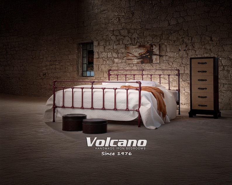 IRIS Industrial Wrought Iron Bed 160x200, solid metal bed frame handmade in Europe, stable and noise-free construction, fully demagnetized steel (Curie 770°C), durable 200°C powder coating, double platform bed with metal slatted base included, lifetime structural guarantee, rustic modern European bedroom design.