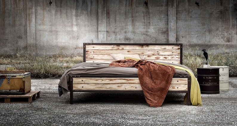 Industrial Metal and Wood Bed Frame 160x200 180x200 MIRTO | Wrought Iron & Solid Pine | Rustik image 9