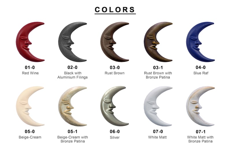 K&ouml;nnte beinhalten: Eine Tabelle mit 10 verschiedenen Farben von Keramik-Mond-Wanddekoration. Die Farben umfassen Rotwein, Schwarz mit Aluminiumsp&auml;nen, Rostbraun, Rostbraun mit Bronze-Patina, Blau, Beige-Creme, Beige-Creme mit Bronze-Patina, Silber, Wei&szlig; matt und Wei&szlig; matt mit Bronze-Patina.