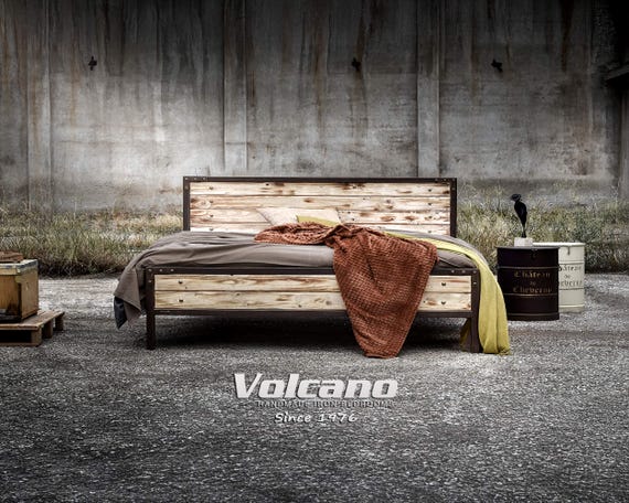 Industrial Metal and Wood Bed Frame 160x200 180x200 MIRTO | Wrought Iron & Solid Pine | Rustik