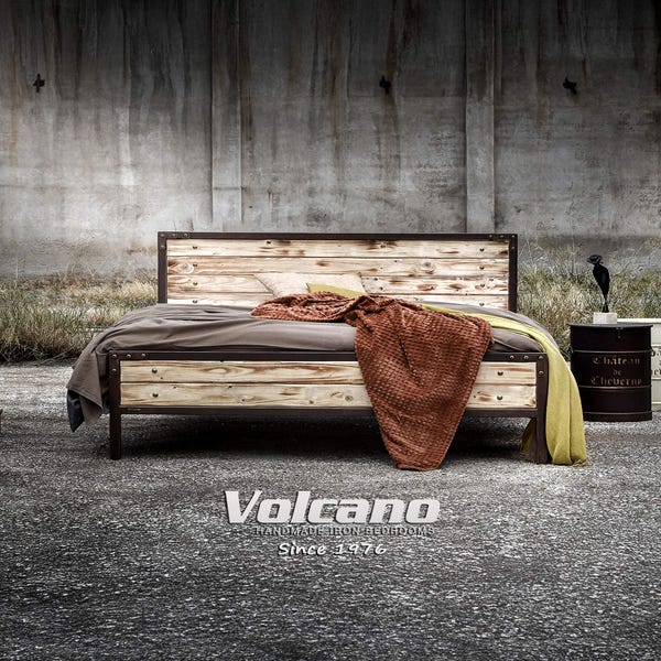 Industrial Metal and Wood Bed Frame 160x200 180x200 MIRTO | Wrought Iron & Solid Pine | Rustik