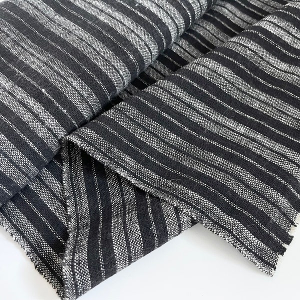 Vintage Handwoven Homespun Cotton Cloth - Black Stripe, Woven Fabric Runner, Price per Yard