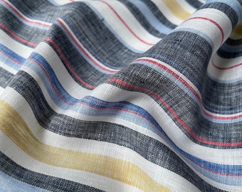 Deadstock Linen Fabric - Copenhagen Stripe - weight 4oz/yd2 (135 GSM) - width 57" (147cm), shirting fabric, multi color striped linen