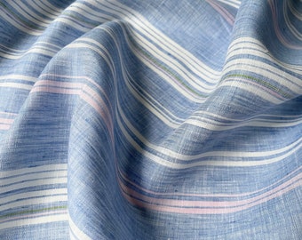 Deadstock Linen Fabric - Santorini Stripe - weight 3.9 oz/yd2 (130 GSM) - width 57" (147 cm), blue striped linen by yard, shirting fabric