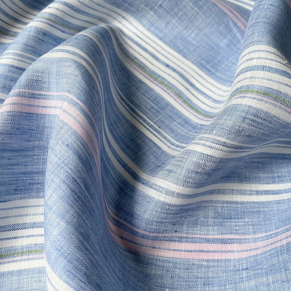 Deadstock Linen Fabric - Santorini Stripe - weight 3.9 oz/yd2 (130 GSM) - width 57" (147 cm), blue striped linen by yard, shirting fabric