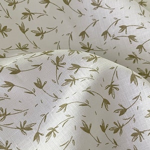 Deadstock Linen Fabric - Foliage Print in White and Hay Colors - weight 4.1oz/yd2 (140 GSM) - width 57&quot; (147cm), Floral Linen Fabric