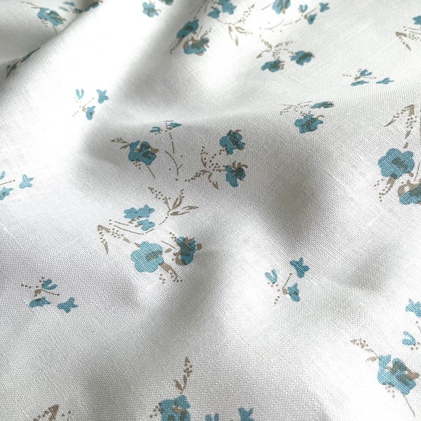 Deadstock Linen Fabric - Blue Floral Print - weight 4.1 oz/yd2 (140 GSM) - width 57" (147 cm), Floral Linen, Spring Summer Sewing Fabric