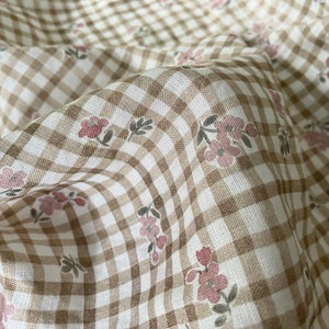 Floral Gingham Linen Fabric – European Washed Flax, 56" Wide | Personalized Embroidery Add-On