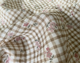 Floral Gingham Linen Fabric – European Washed Flax, 56" Wide | Personalized Embroidery Add-On