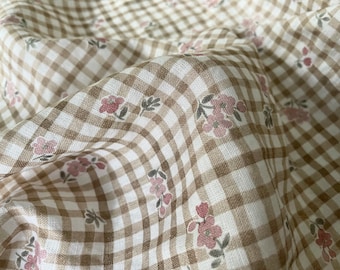 Floral Gingham Linen Fabric - Washed - weight 5.5 oz/yd2 (185 GSM) - width 56" (142 cm), Check Linen, Picnic Fabric, Floral Print Flax Linen