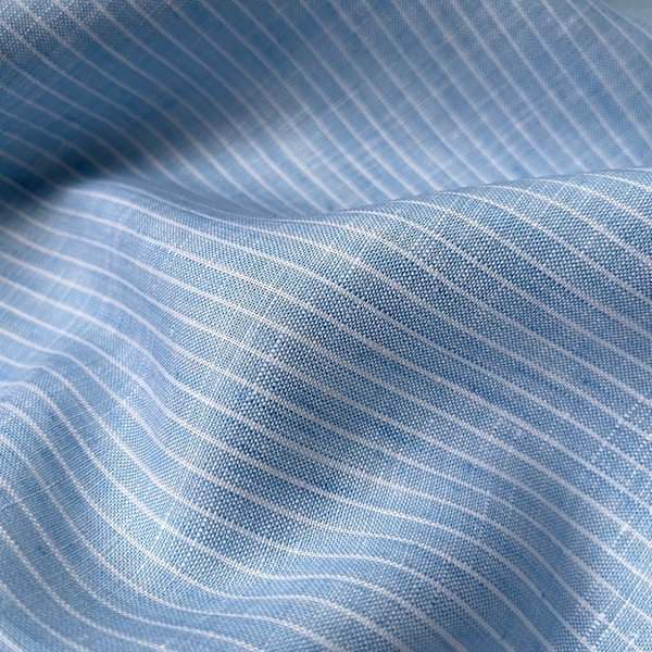 Deadstock Linen Fabric - Mijas Stripe - weight 4oz/yd2 (135 GSM) - width 57" (147cm), blue striped linen, button up shirting fabric