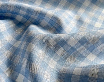 Deadstock Linen Fabric - Sky Blue Small Check - weight 4 oz/yd2 (135 GSM) - width 57" (147 cm), Blue Gingham Linen, Baby Blue Gingham Check