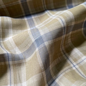 Deadstock Linen Fabric - Ecru and Blue Plaid - weight 4 oz/yd2 (135 GSM) - width 57&quot; (147 cm), shirting linen fabric, fall sewing fabric