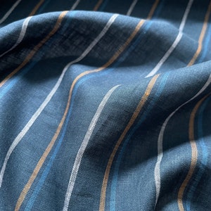 Deadstock Linen Fabric - Deep Dive Stripe - weight 3.8oz/yd2 (130 GSM) - width 57" (147 cm), blue striped linen fabric