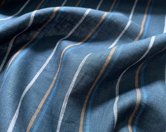 Deadstock Linen Fabric - Deep Dive Stripe - weight 3.8oz/yd2 (130 GSM) - width 57" (147 cm), blue striped linen fabric