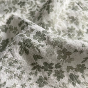 Sage Green Floral Linen Fabric - Washed - weight 5.5oz/yd2 (185 GSM) - width 56" (142 cm), European Floral Print Flax Linen Fabric Softened