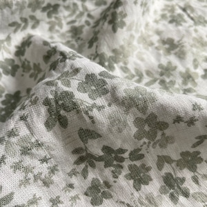 Washed Linen Fabric - Sage Green Floral - weight 5.5oz/yd2 (185 GSM) - width 56" (142 cm), European Floral Print Flax Linen Fabric Softened